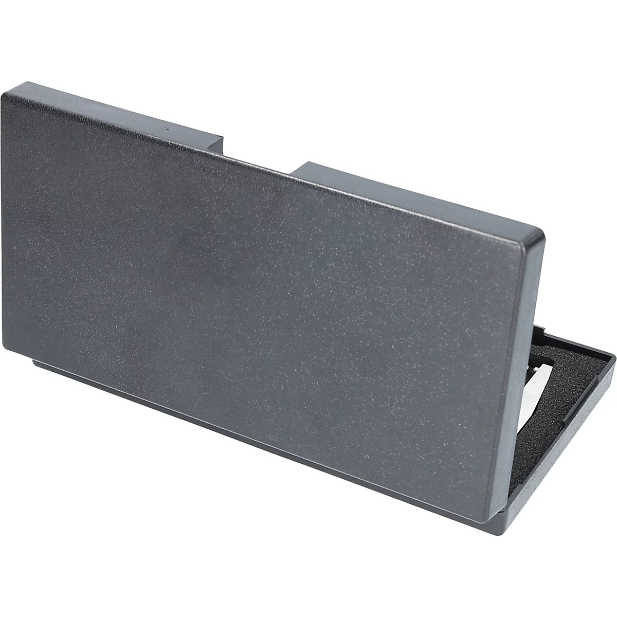 Graue, rechteckige Box, teilweise geöffnet. In der Box ist Schaumstoff und ein weisses Objekt sichtbar.